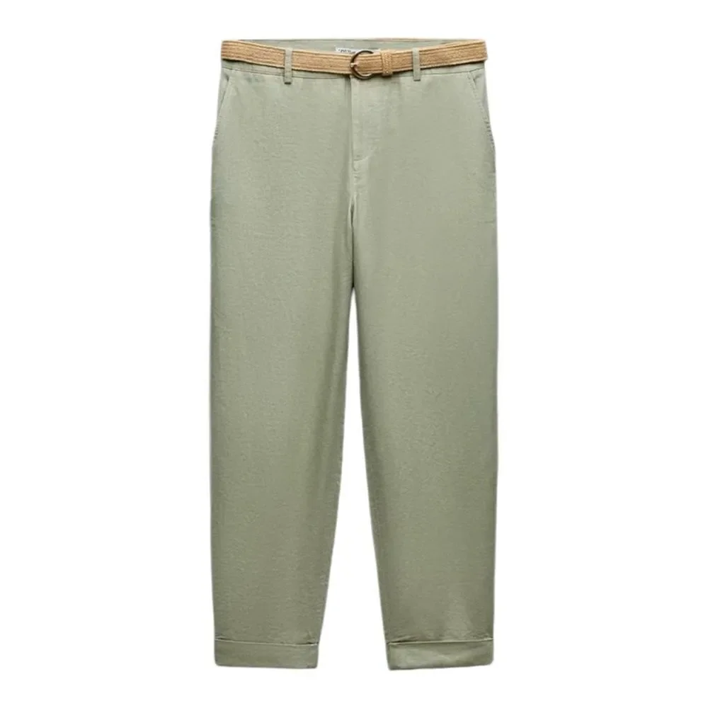 ZARA | Light Khaki | LINEN BLEND CHINOS WITH BELT